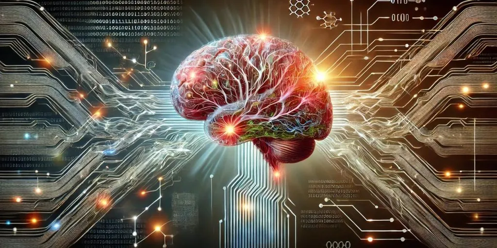 Stilisiertes menschliches Gehirn, das von leuchtenden Datenströmen und Schaltkreisen durchzogen ist. Es schwebt vor einem digitalen Hintergrund aus Binärcode, Lichtpunkten und neuronalen Verbindungen – als Metapher für die Verschmelzung von künstlicher Intelligenz, Neurotechnologie und E-Commerce.