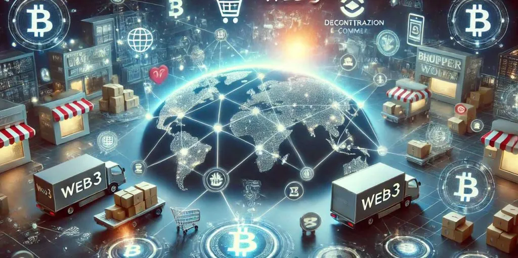 Futurale Illustration einer vernetzten Weltkarte mit leuchtenden Knotenpunkten, umgeben von digitalen Shops, Lieferfahrzeugen mit „Web3“-Beschriftung, Paketen und Kryptowährungs-Symbolen wie Bitcoin. Das Bild visualisiert die globale, dezentrale Struktur des E-Commerce im Web3-Zeitalter.
