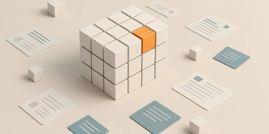 3D-Darstellung eines Würfels aus weißen Datenblöcken, in dem ein orangefarbener Block hervorsticht. Um den Würfel herum liegen abstrahierte Datenkarten – als Symbol für strukturierte und unstrukturierte Produktinformationen.
