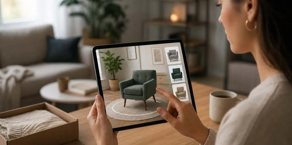 Eine Person sitzt in einer ruhigen Wohnumgebung an einem Tisch und betrachtet auf einem Tablet ein Möbelstück, das realistisch in einen Raum eingebettet dargestellt wird. Neben dem Tablet liegen Stoffmuster, im Hintergrund sind unscharf Möbel und Pflanzen zu erkennen. Die Szene vermittelt eine entspannte, alltagsnahe Nutzung digitaler Produktdarstellung im Wohnkontext.